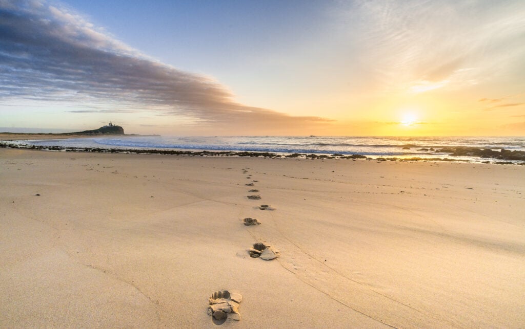 Footprints in the sand leading toward the shoreline with a golden sunrise over the ocean in the distance.