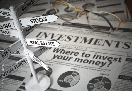 Investment options signpost over financial newspaper highlighting stocks, bonds, real estate, Shartru Wealth advice.